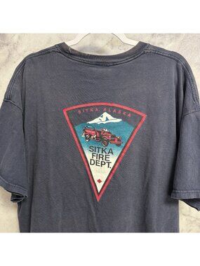 Vintage Sitka Alaska Fire Dept T Shirt Mens 2XL Faded Blue Y2K Fire Fighter